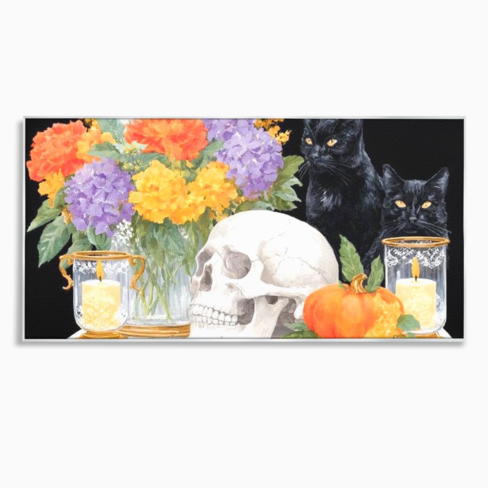 Tablou canvas cu tablou canvas cu pisici negre si craniu, in rama de aluminiu argintiu